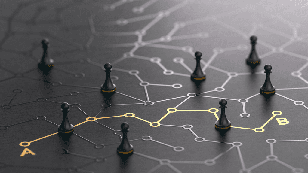 3D illustration of a maze with the solution, which is the shortest path, highlighted