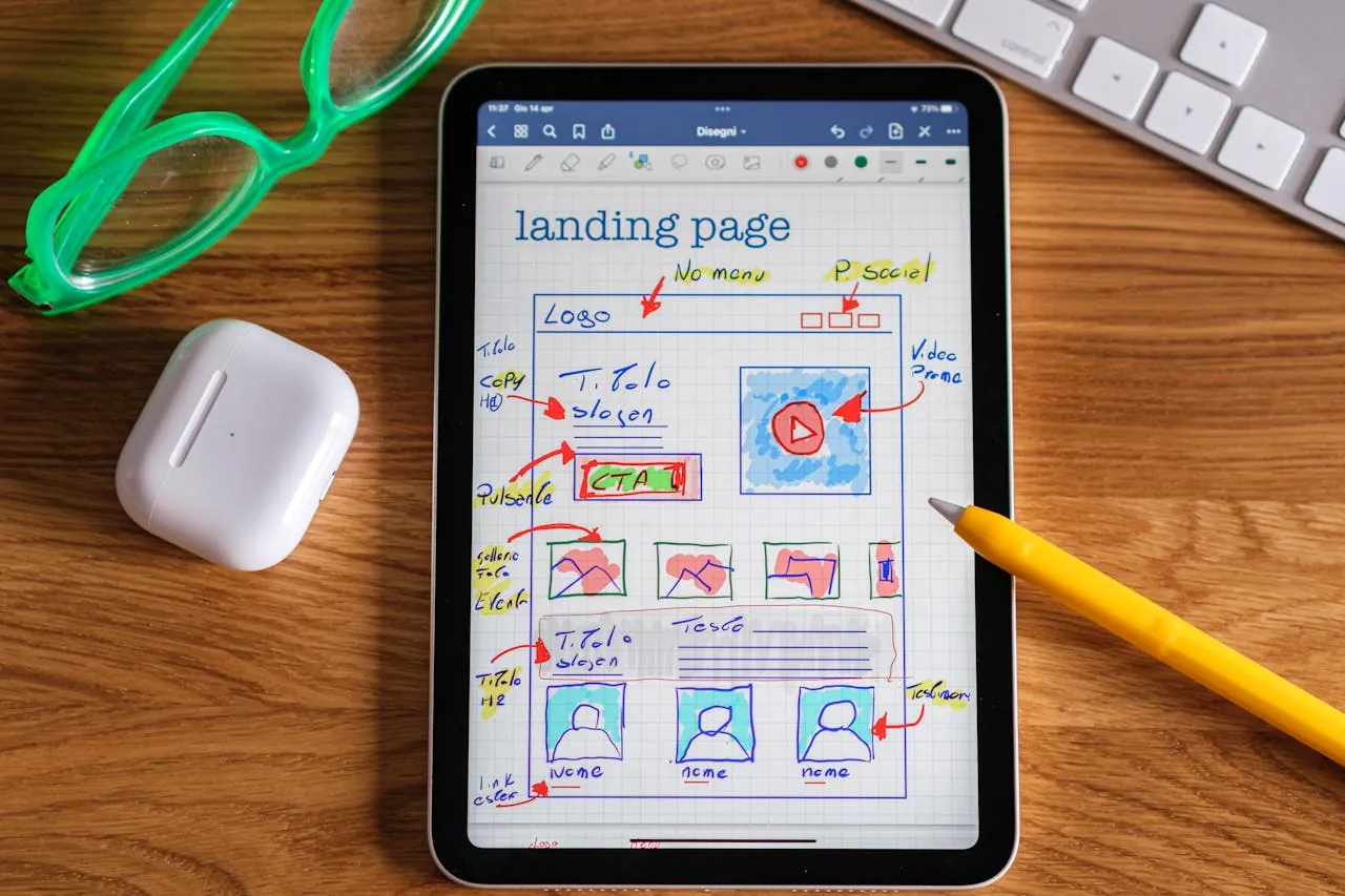Tablet displaying a colourful website landing page sketch with text, icons, and layout notes. 