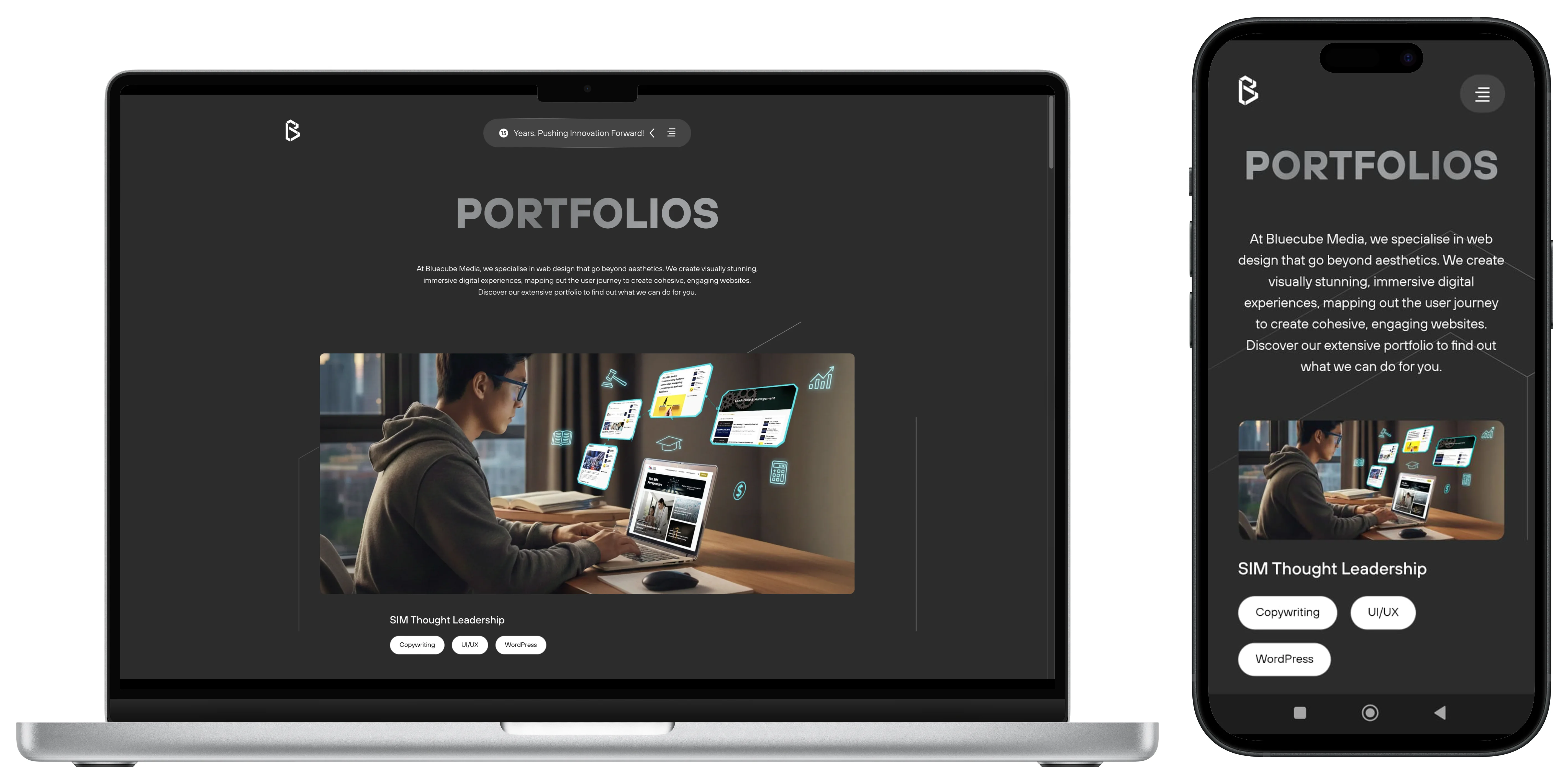 The same page on desktop vs mobile side-by-side. Content stacks cleanly, with easy navigation across both devices.