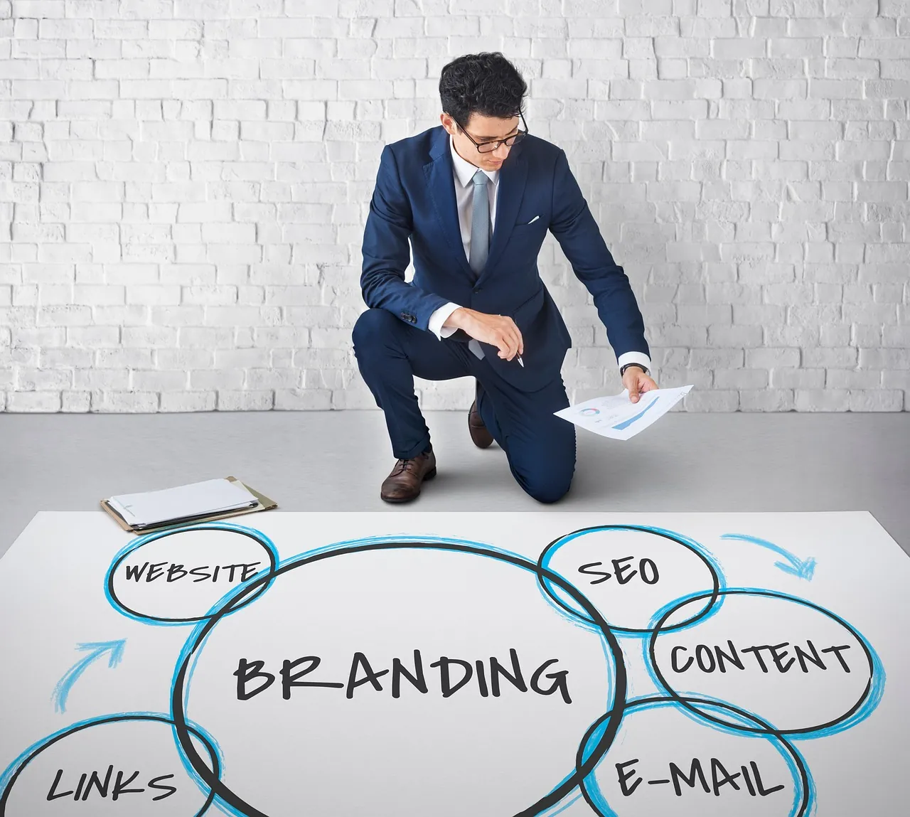 A man in blue suit kneels, holding documents, examining a branding diagram of different marketing channels for a website design company in Singapore. 